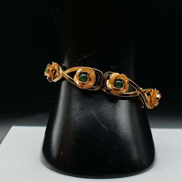 Vintage Gold Floral Bracelet with Green Gem Flower Accents on Clamper Style Band - Picture 3 of 5